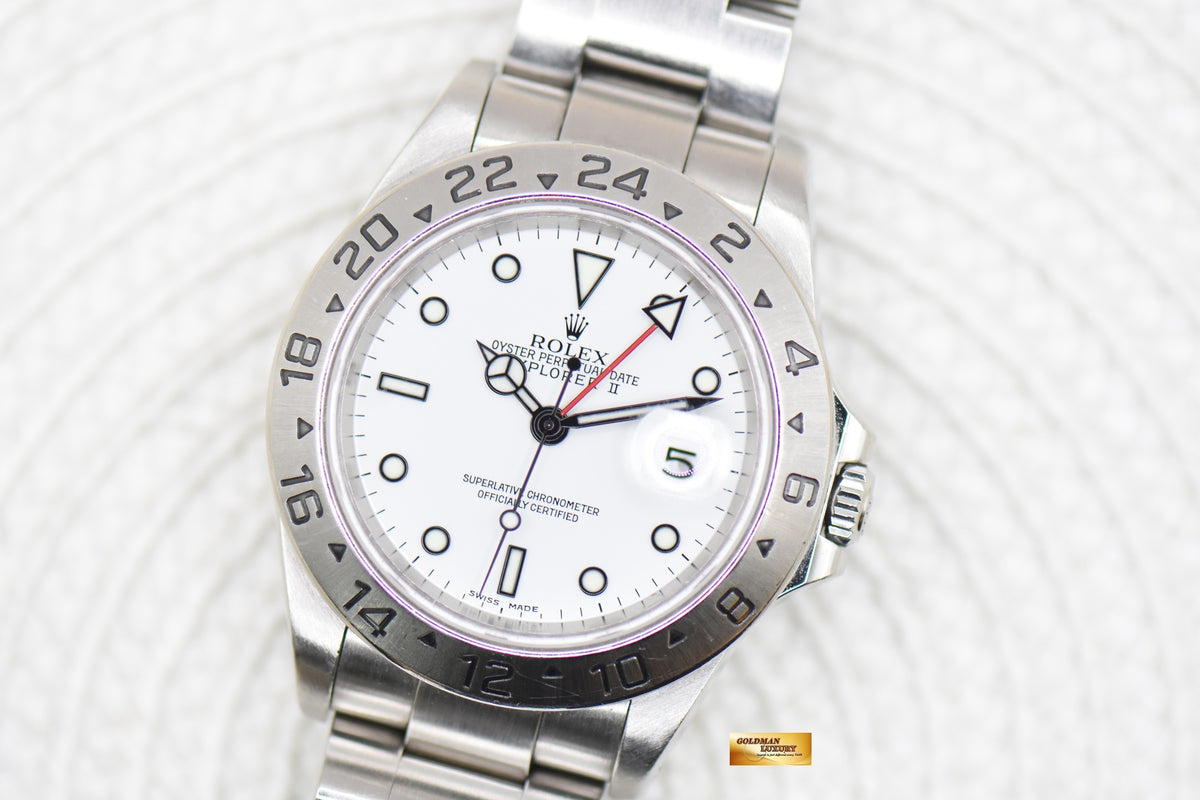 ROLEX OYSTER EXPLORER II 40mm STEEL WHITE DIAL CALIBRE 3185 16570 (PINHOLE-SOLID END LINKS) (MINT)