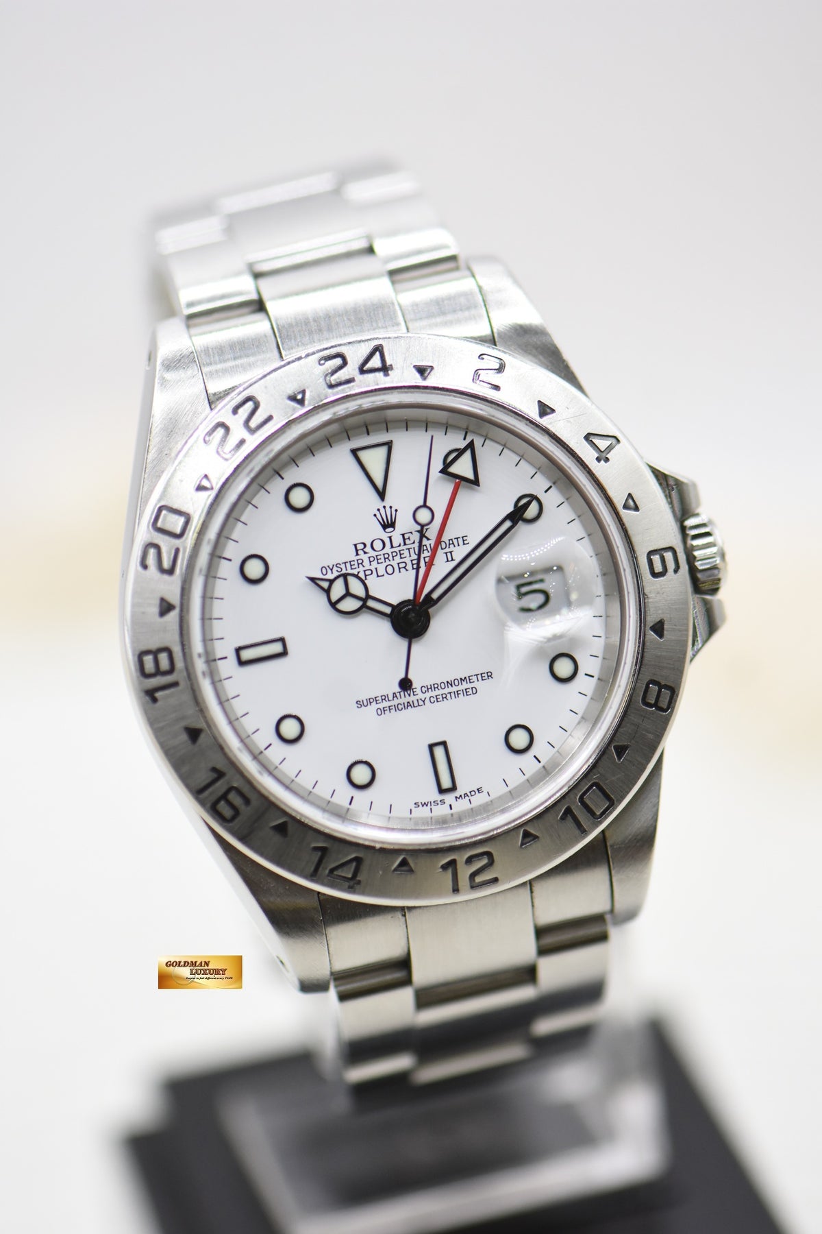 ROLEX OYSTER EXPLORER II 40mm STEEL WHITE DIAL CALIBRE 3185 16570 (PINHOLE-SOLID END LINKS) (MINT)