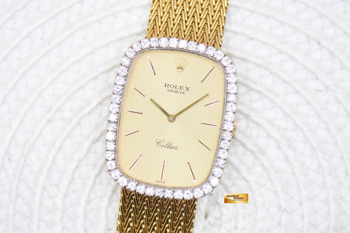ROLEX CELLINI MENS 18K YELLOW GOLD WOVEN-LIKE BRACELET DIAMOND BEZEL MANUAL WINDING 4113 (MINT)