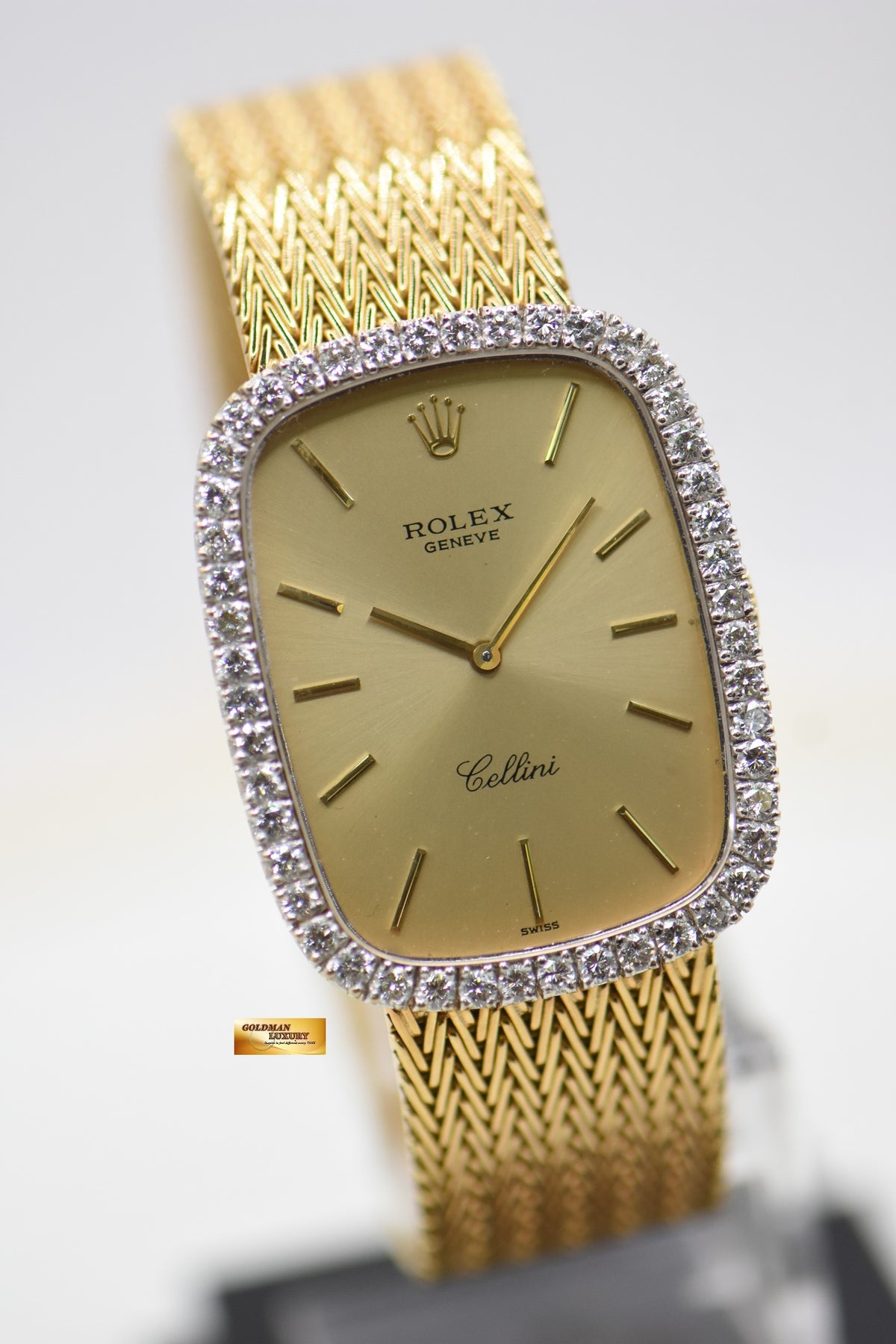 ROLEX CELLINI MENS 18K YELLOW GOLD WOVEN-LIKE BRACELET DIAMOND BEZEL MANUAL WINDING 4113 (MINT)