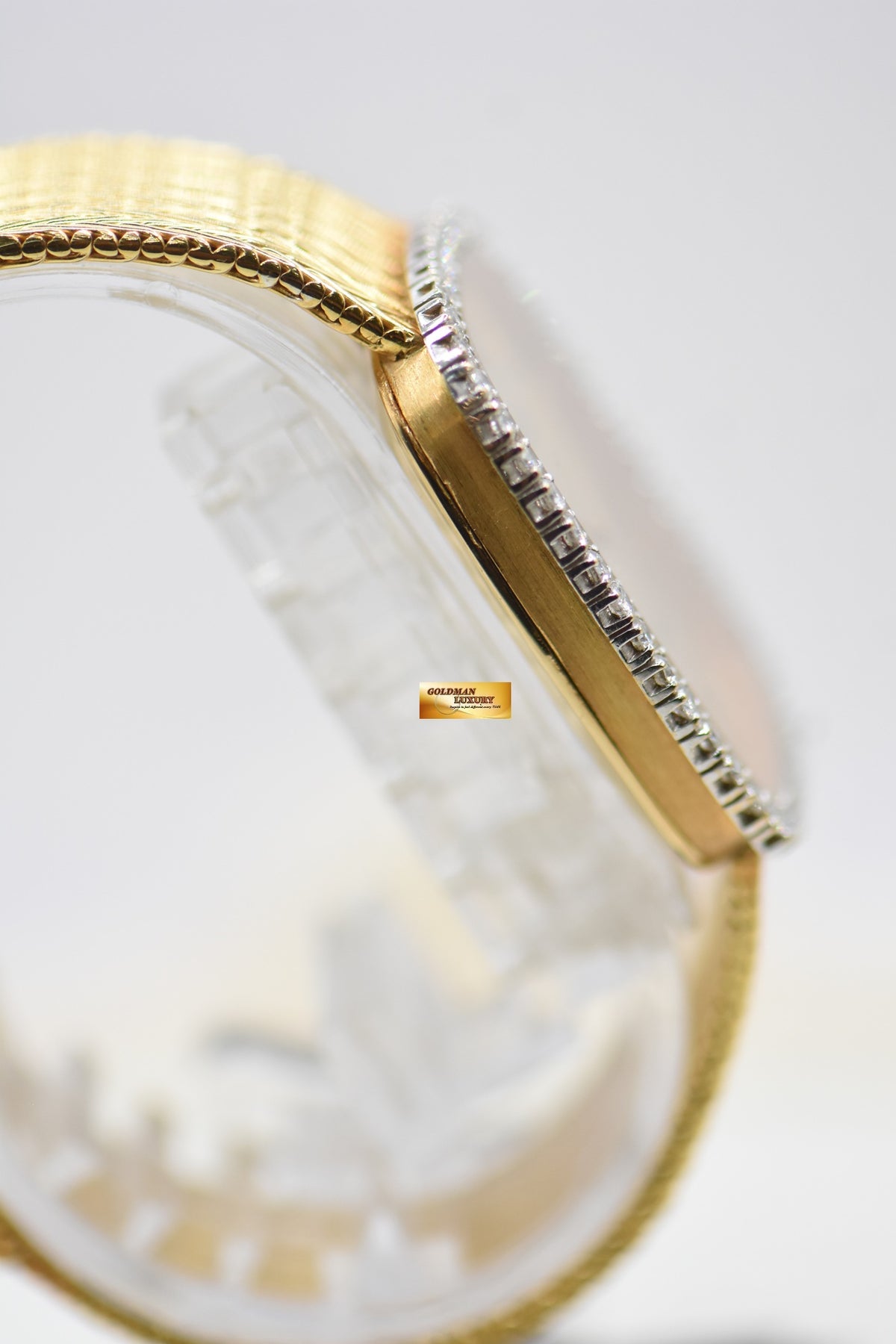 ROLEX CELLINI MENS 18K YELLOW GOLD WOVEN-LIKE BRACELET DIAMOND BEZEL MANUAL WINDING 4113 (MINT)