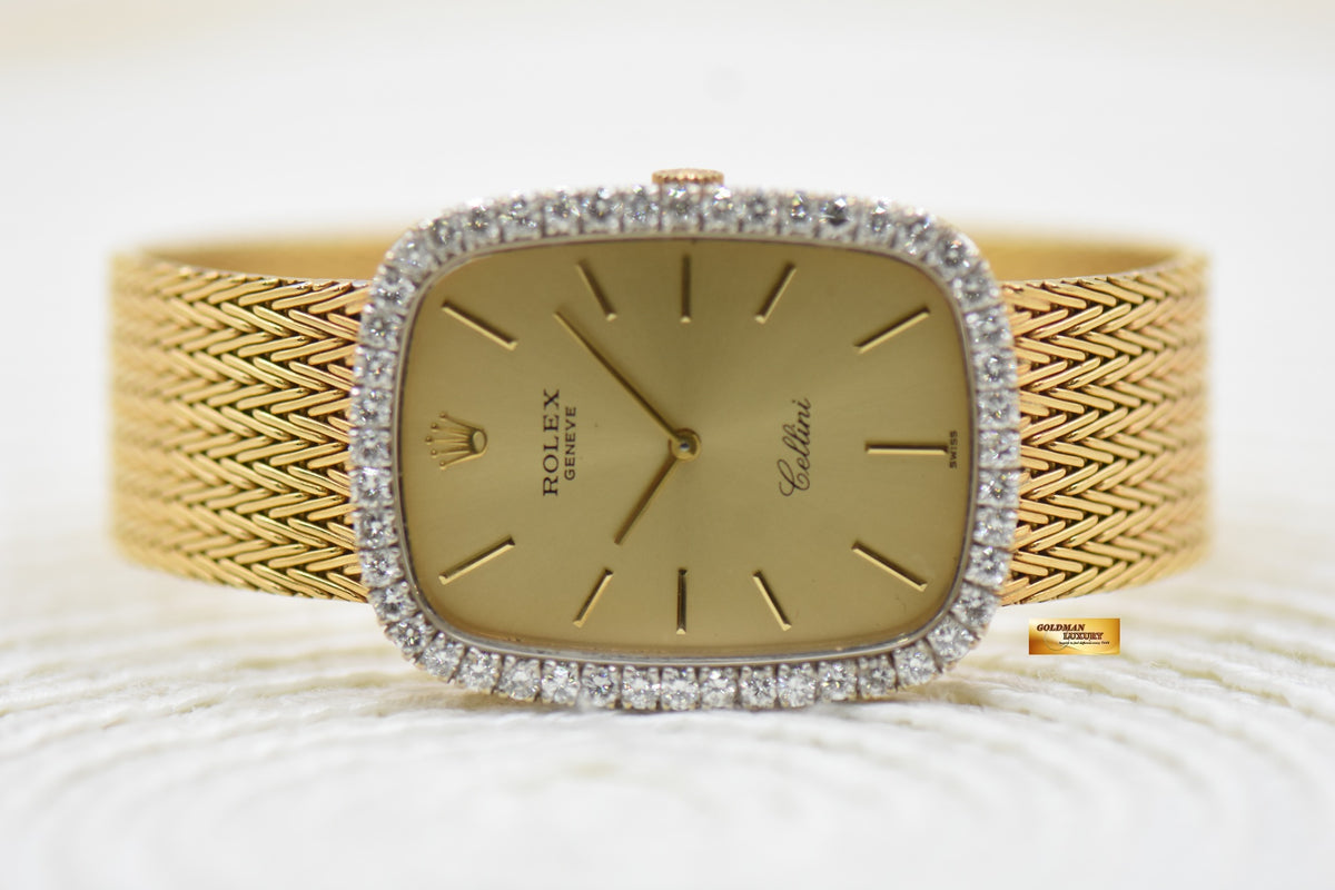 ROLEX CELLINI MENS 18K YELLOW GOLD WOVEN-LIKE BRACELET DIAMOND BEZEL MANUAL WINDING 4113 (MINT)