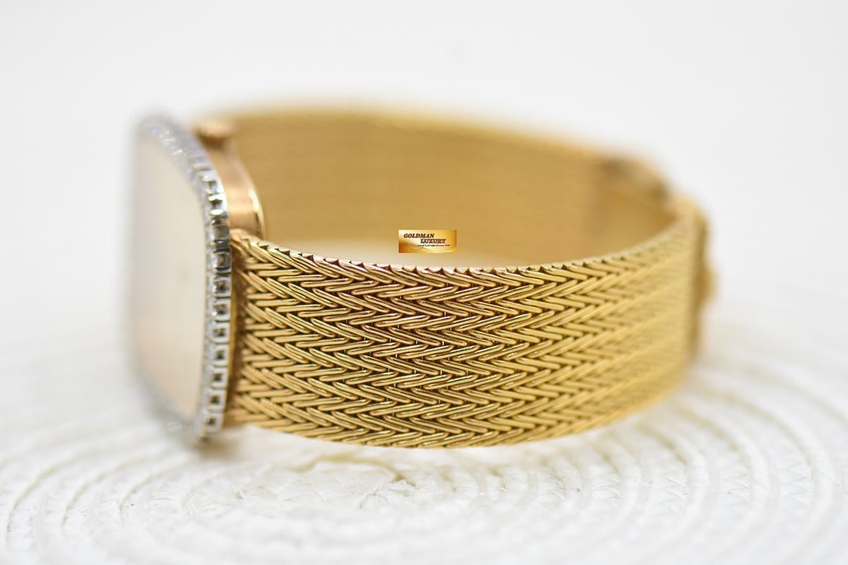 ROLEX CELLINI MENS 18K YELLOW GOLD WOVEN-LIKE BRACELET DIAMOND BEZEL MANUAL WINDING 4113 (MINT)
