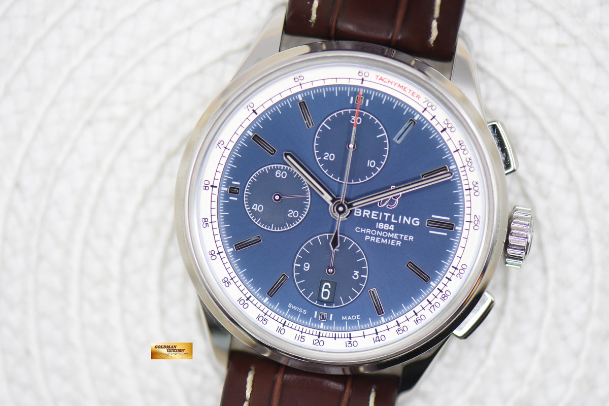BREITLING PREMIER CHRONOGRAPH 42mm STEEL IN LEATHER STRAP BLUE A13315351C1P2 AUTOMATIC (MINT)