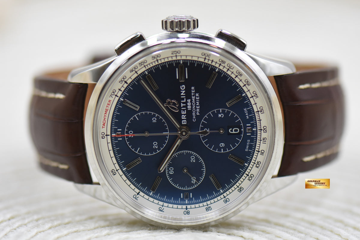 BREITLING PREMIER CHRONOGRAPH 42mm STEEL IN LEATHER STRAP BLUE A13315351C1P2 AUTOMATIC (MINT)