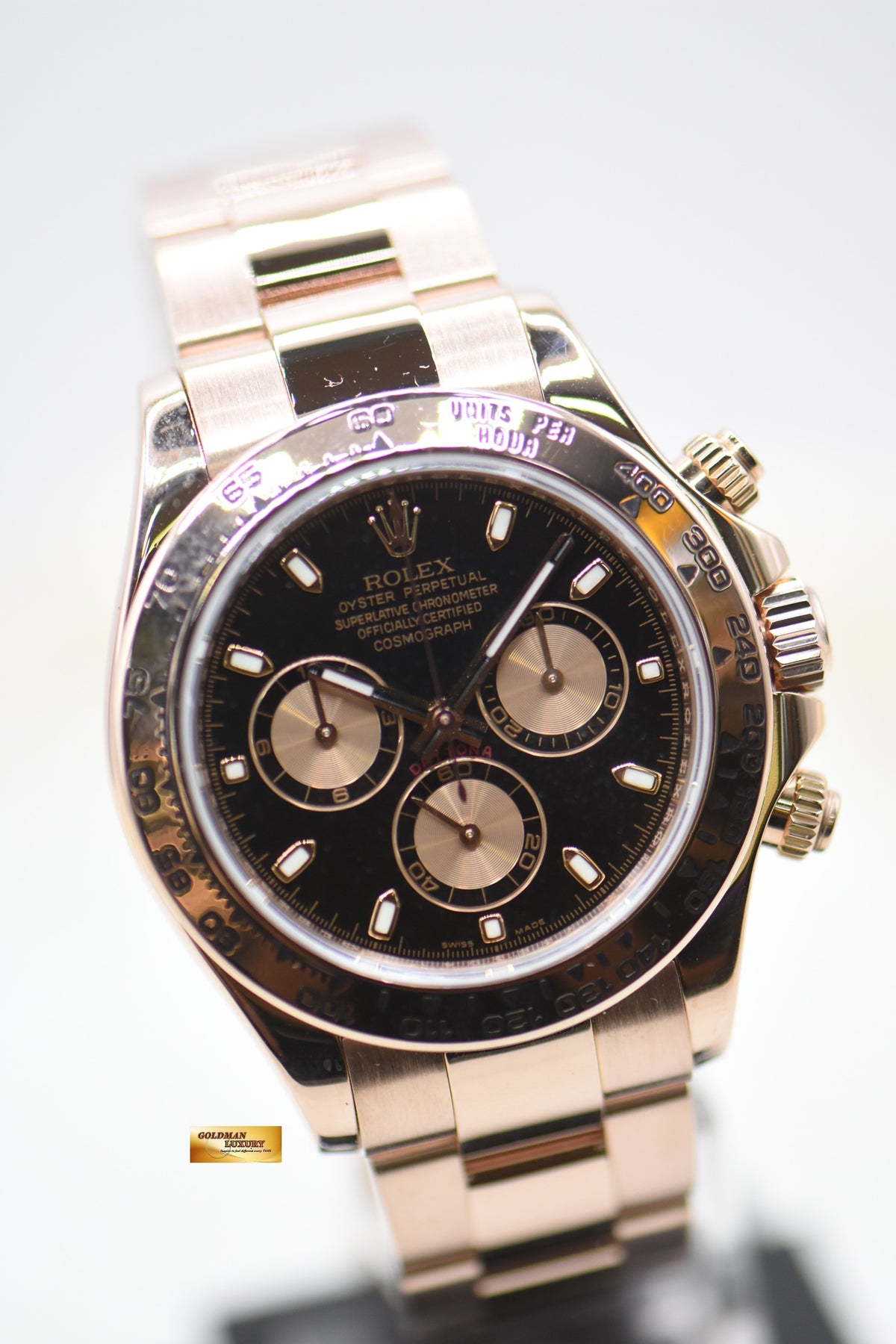 ROLEX OYSTER PERPETUAL DAYTONA EVEROSE GOLD IN BRACELET BLACK DIAL 116505 (MINT)