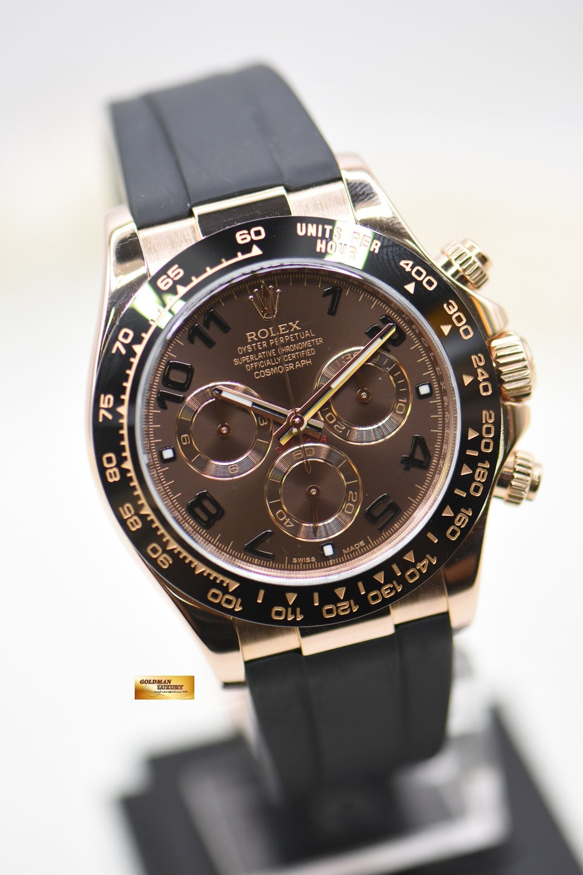 ROLEX OYSTER PERPETUAL DAYTONA EVEROSE GOLD IN RUBBER STRAP BROWN ARABIC DIAL 116515 (MINT)