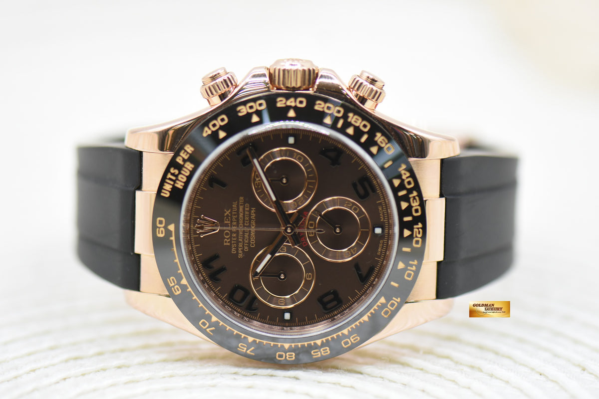 ROLEX OYSTER PERPETUAL DAYTONA EVEROSE GOLD IN RUBBER STRAP BROWN ARABIC DIAL 116515 (MINT)