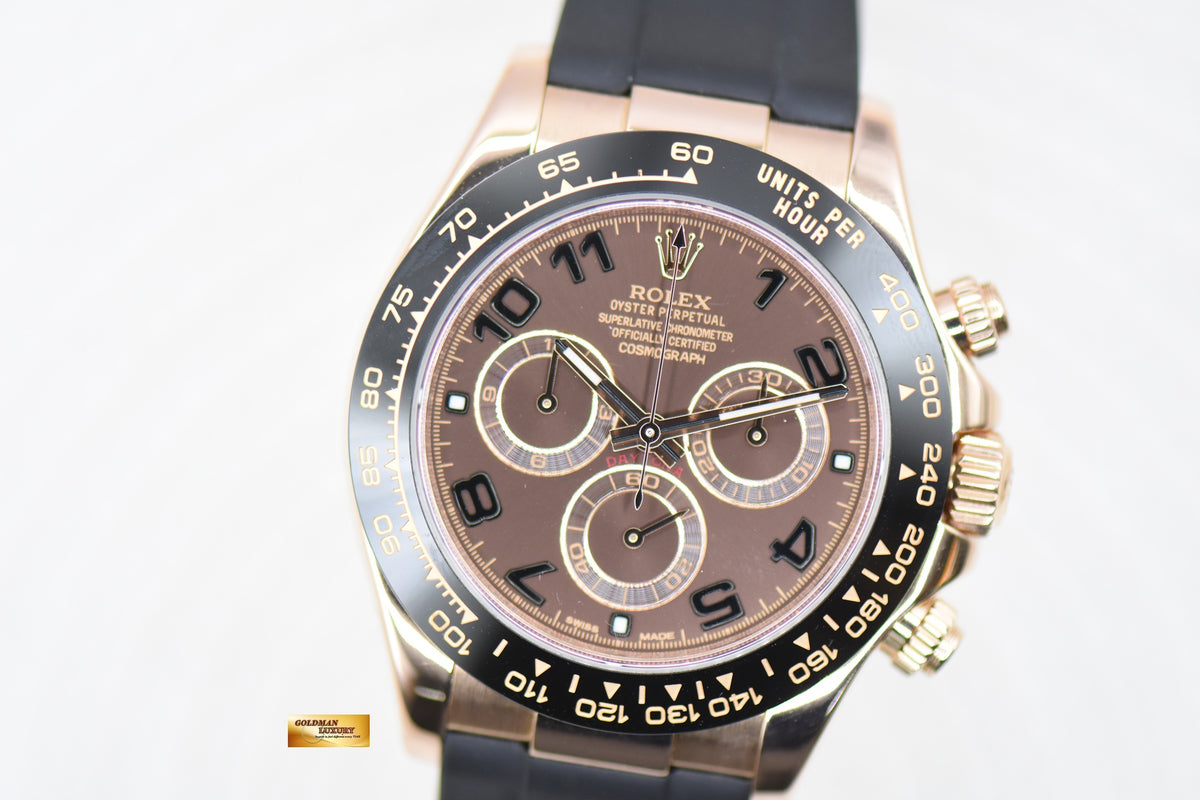 ROLEX OYSTER PERPETUAL DAYTONA EVEROSE GOLD IN RUBBER STRAP BROWN ARABIC DIAL 116515 (MINT)