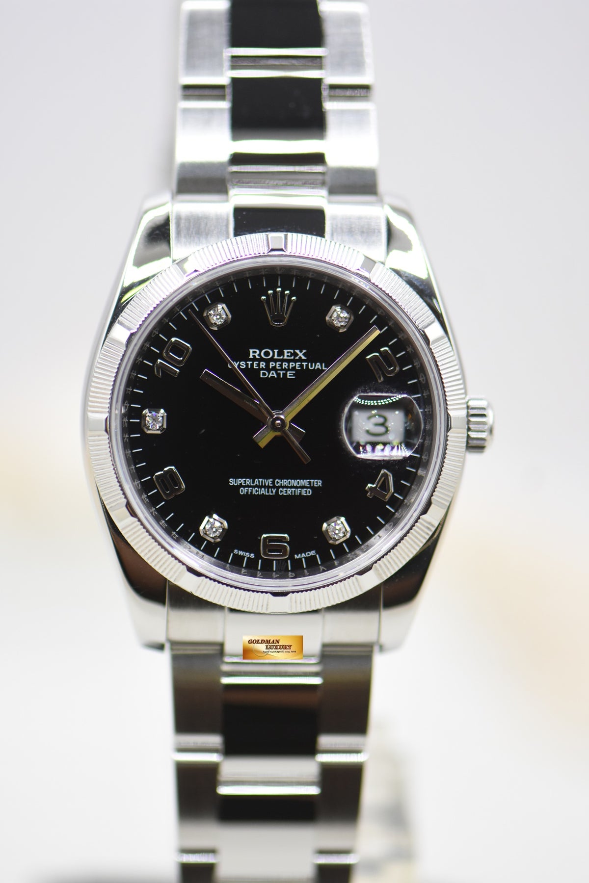 ROLEX OYSTER DATE 34mm STEEL IN OYSTER BRACELET BLACK DIAMOND DIAL 115210 (MINT)