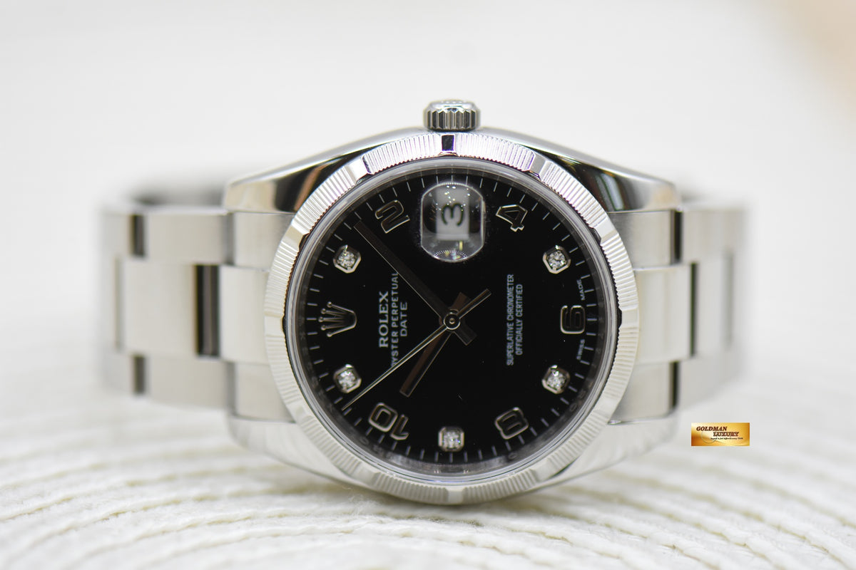 ROLEX OYSTER DATE 34mm STEEL IN OYSTER BRACELET BLACK DIAMOND DIAL 115210 (MINT)