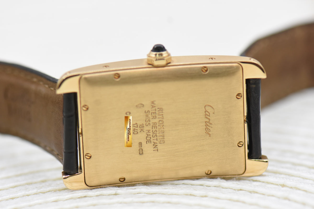 CARTIER TANK AMERICAINE LARGE 18K YELLOW GOLD IN LEATHER STRAP AUTOMATIC 1740 (MINT)