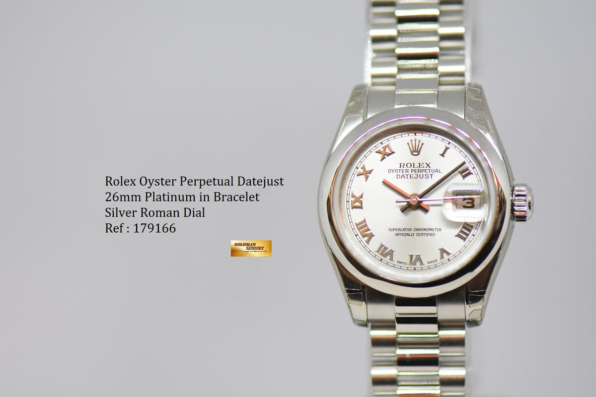 ROLEX OYSTER PERPETUAL DATEJUST LADIES 26mm PLATINUM IN BRACELET SILVER ROMAN DIAL 179166 (MINT) (STICKERS STILL INTACT)