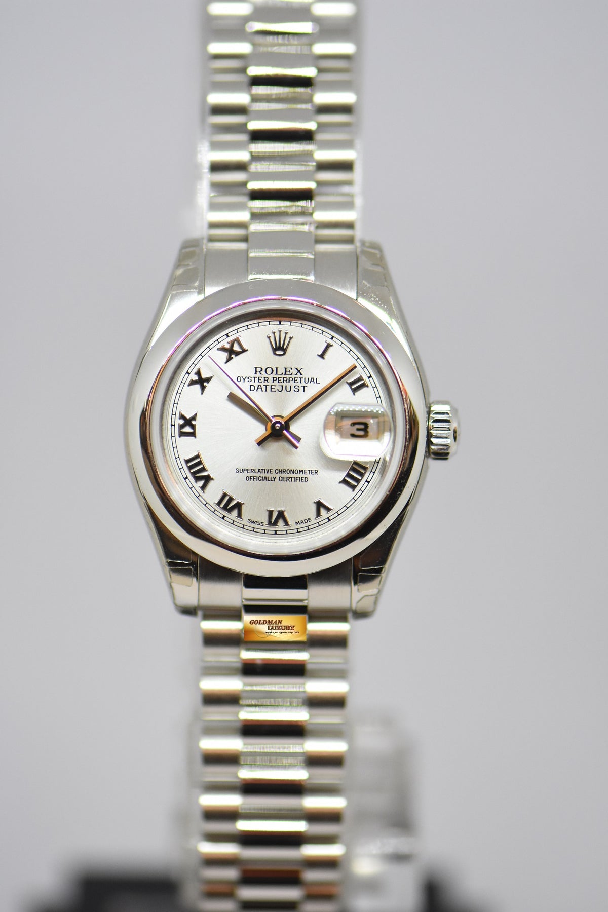 ROLEX OYSTER PERPETUAL DATEJUST LADIES 26mm PLATINUM IN BRACELET SILVER ROMAN DIAL 179166 (MINT) (STICKERS STILL INTACT)