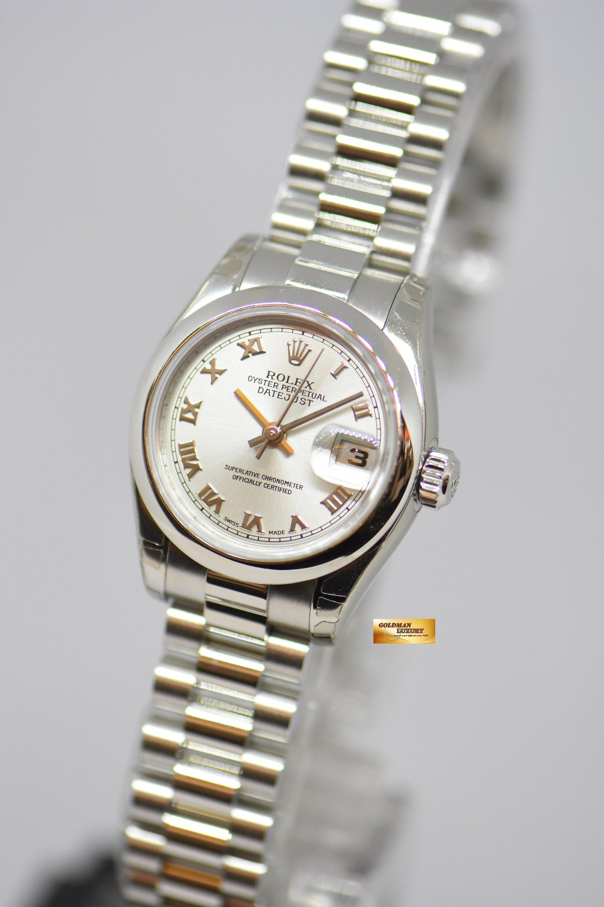 ROLEX OYSTER PERPETUAL DATEJUST LADIES 26mm PLATINUM IN BRACELET SILVER ROMAN DIAL 179166 (MINT) (STICKERS STILL INTACT)