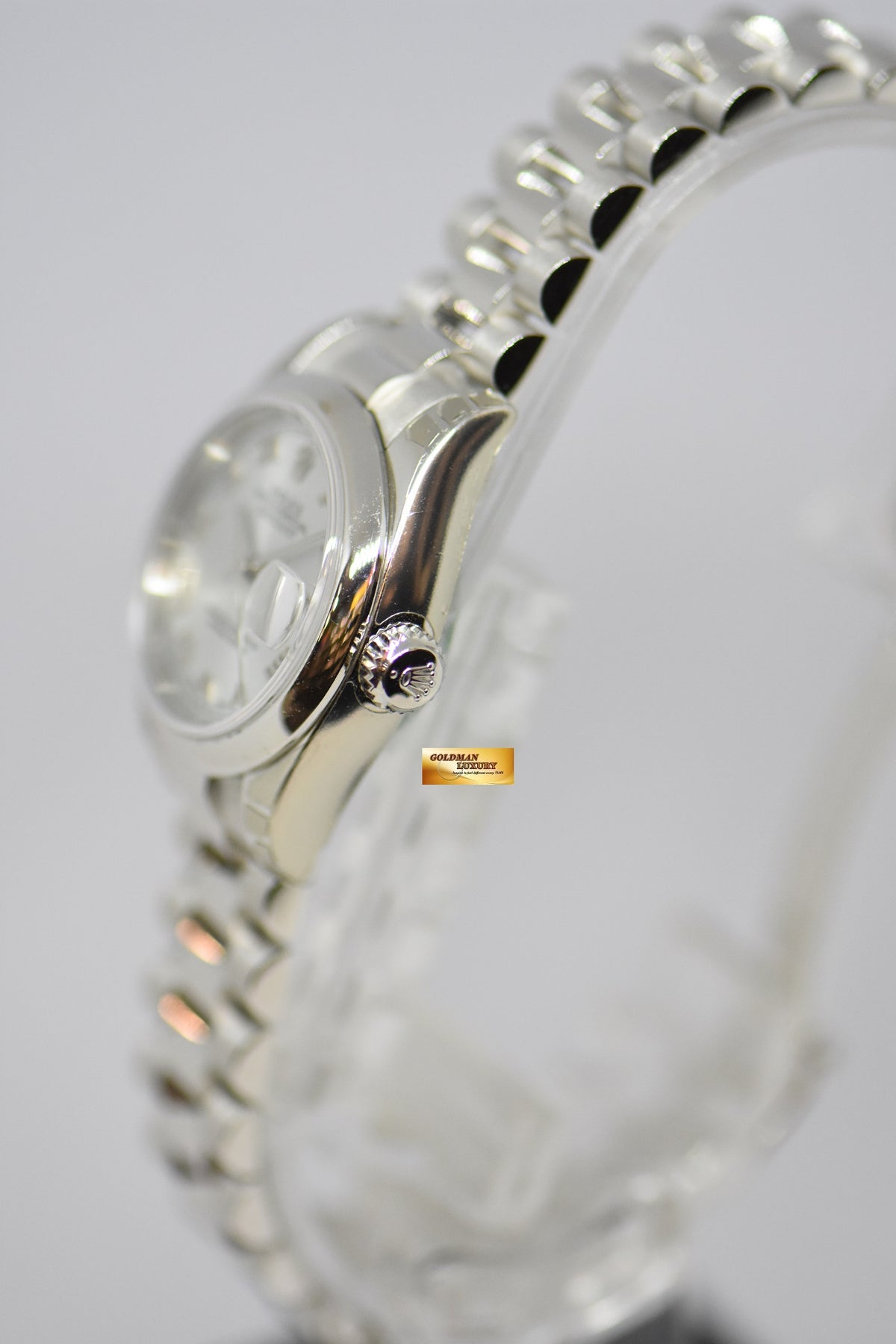 ROLEX OYSTER PERPETUAL DATEJUST LADIES 26mm PLATINUM IN BRACELET SILVER ROMAN DIAL 179166 (MINT) (STICKERS STILL INTACT)