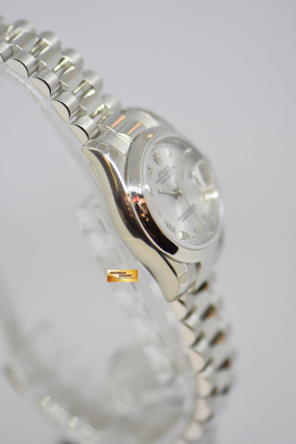 ROLEX OYSTER PERPETUAL DATEJUST LADIES 26mm PLATINUM IN BRACELET SILVER ROMAN DIAL 179166 (MINT) (STICKERS STILL INTACT)