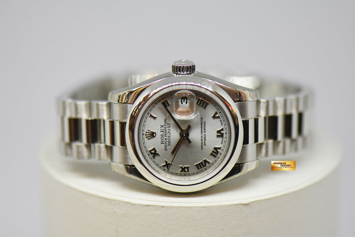 ROLEX OYSTER PERPETUAL DATEJUST LADIES 26mm PLATINUM IN BRACELET SILVER ROMAN DIAL 179166 (MINT) (STICKERS STILL INTACT)