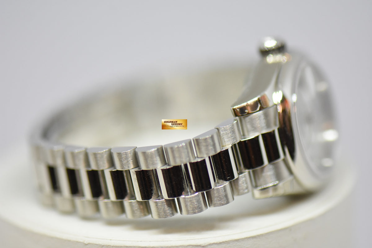 ROLEX OYSTER PERPETUAL DATEJUST LADIES 26mm PLATINUM IN BRACELET SILVER ROMAN DIAL 179166 (MINT) (STICKERS STILL INTACT)