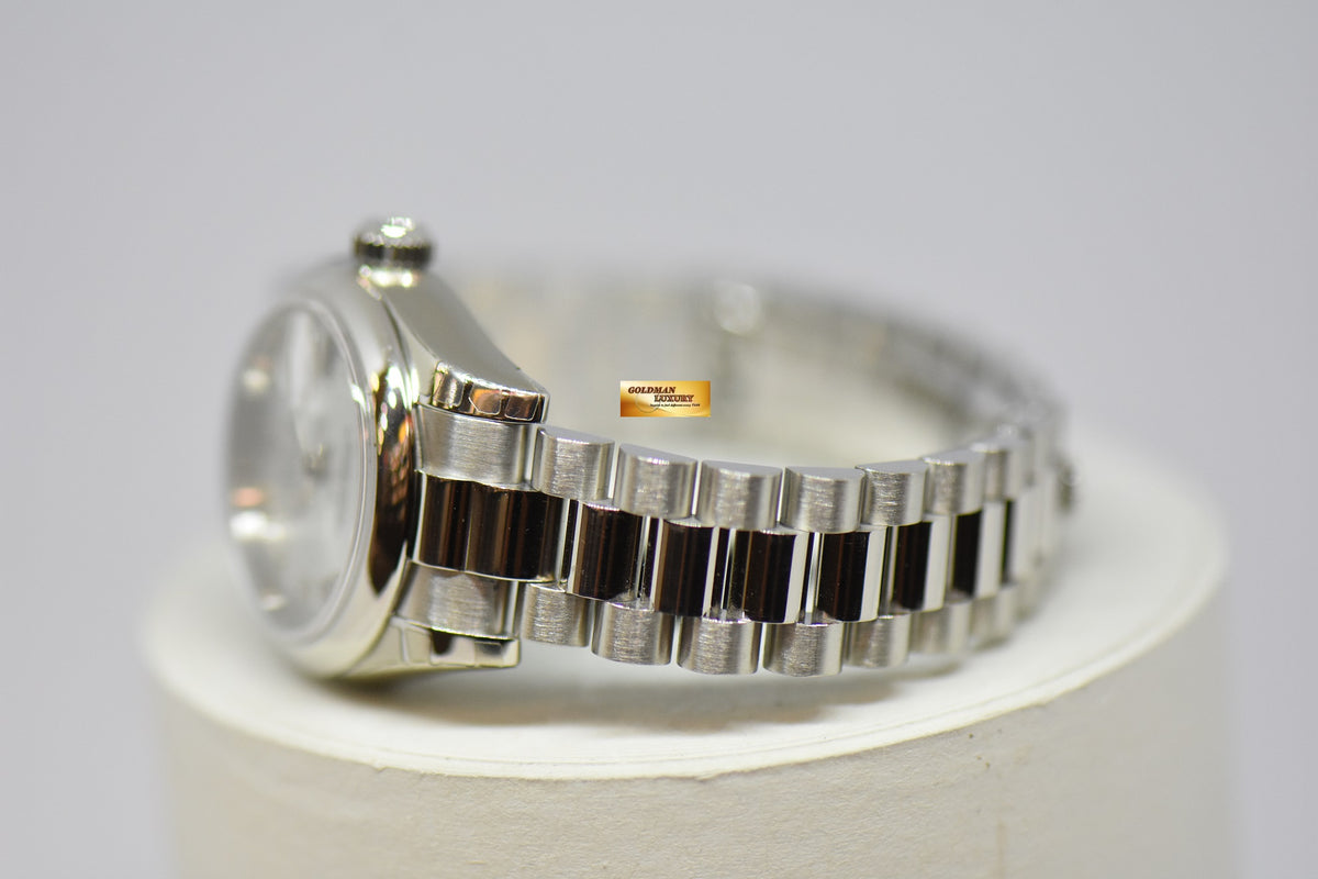 ROLEX OYSTER PERPETUAL DATEJUST LADIES 26mm PLATINUM IN BRACELET SILVER ROMAN DIAL 179166 (MINT) (STICKERS STILL INTACT)