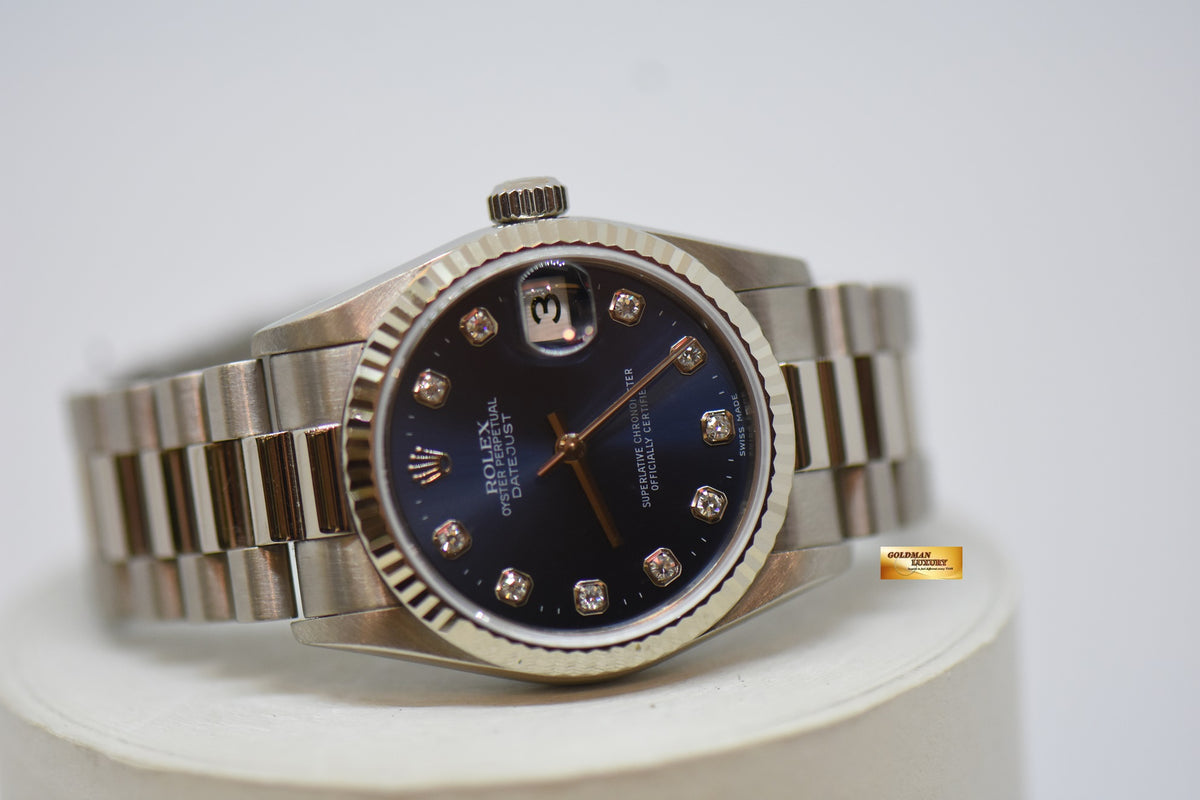 ROLEX OYSTER DATEJUST MIDSIZE 31mm WHITE GOLD IN PRESIDENT BRACELET BLUE DIAMONDS DIAL 78279 (MINT)