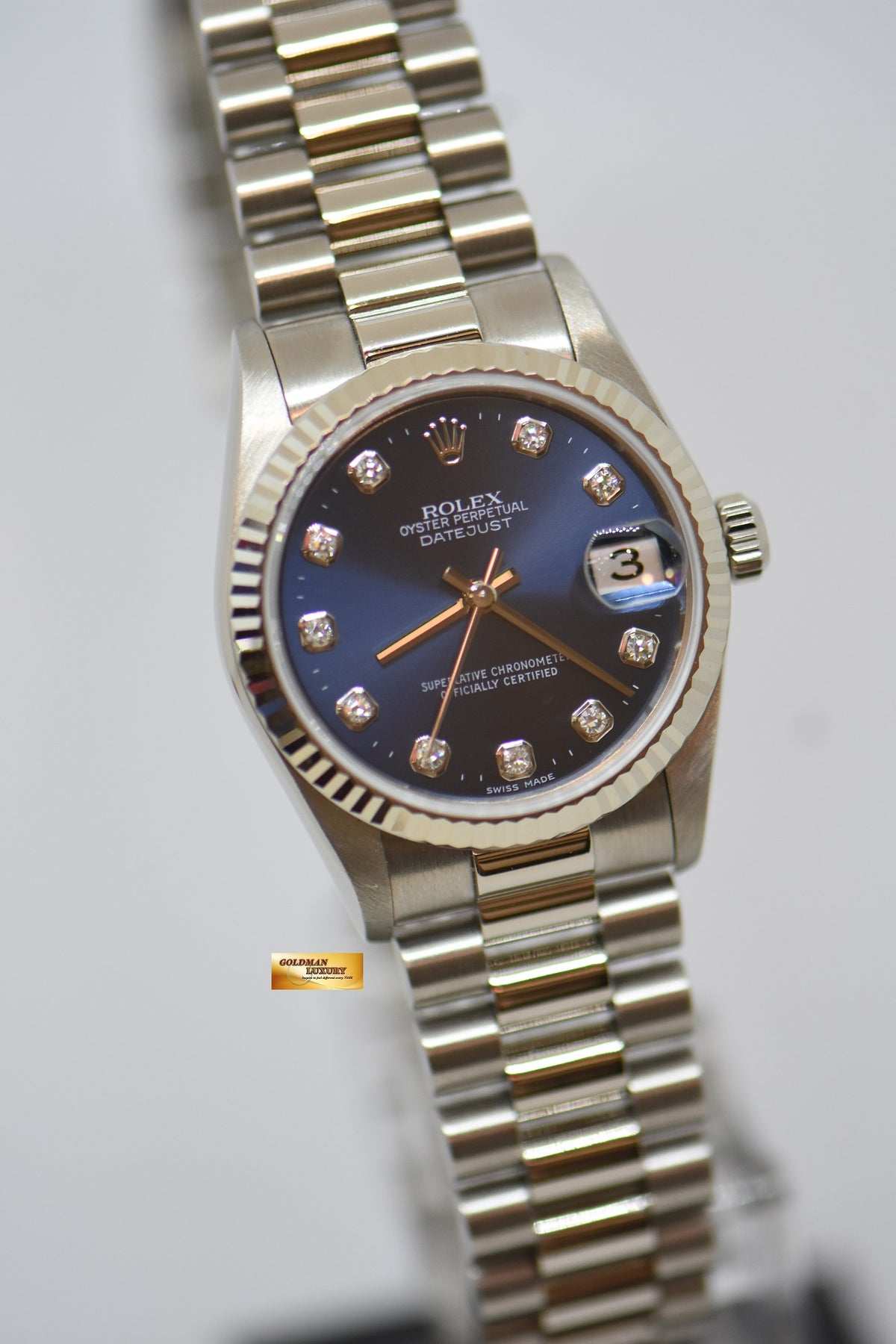 ROLEX OYSTER DATEJUST MIDSIZE 31mm WHITE GOLD IN PRESIDENT BRACELET BLUE DIAMONDS DIAL 78279 (MINT)