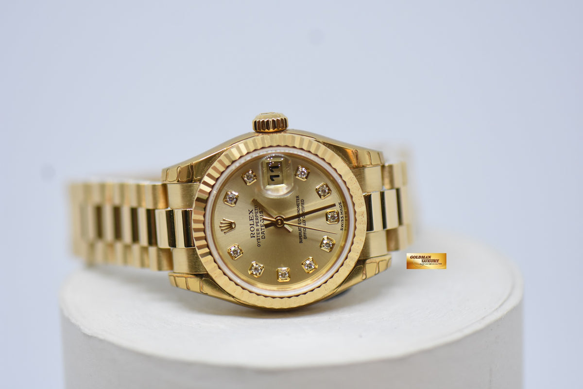 ROLEX OYSTER PERPETUAL DATEJUST 26mm DIAMOND GOLD DIAL YELLOW GOLD IN PRESIDENT BRACELET 179178 (MINT CONDITION, WITH STICKERS)