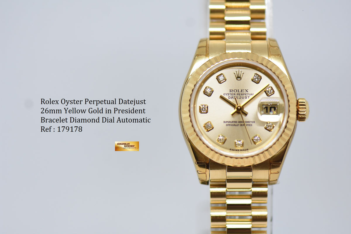 ROLEX OYSTER PERPETUAL DATEJUST 26mm DIAMOND GOLD DIAL YELLOW GOLD IN PRESIDENT BRACELET 179178 (MINT CONDITION, WITH STICKERS)