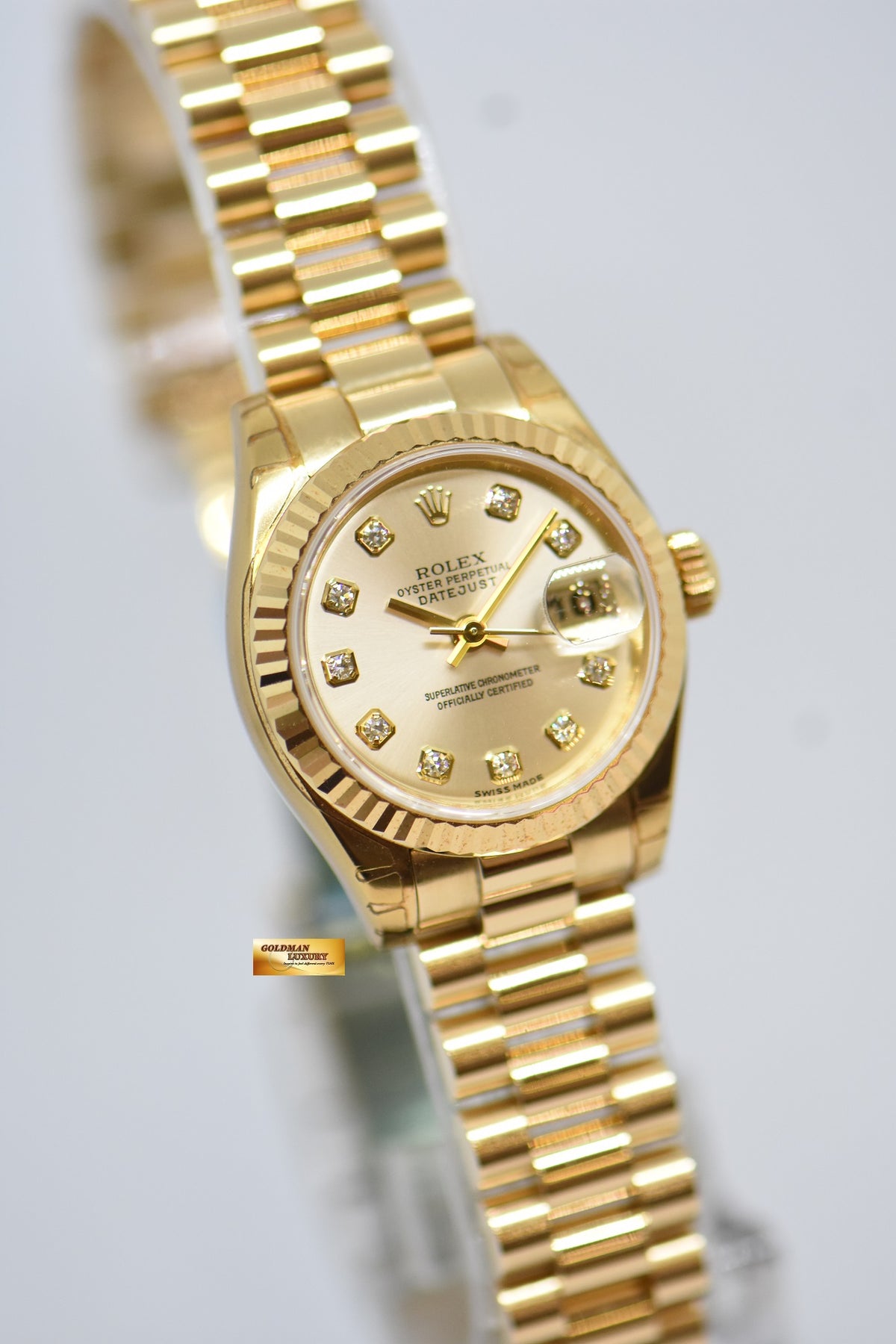ROLEX OYSTER PERPETUAL DATEJUST 26mm DIAMOND GOLD DIAL YELLOW GOLD IN PRESIDENT BRACELET 179178 (MINT CONDITION, WITH STICKERS)