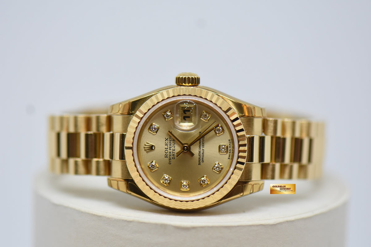 ROLEX OYSTER PERPETUAL DATEJUST 26mm DIAMOND GOLD DIAL YELLOW GOLD IN PRESIDENT BRACELET 179178 (MINT CONDITION, WITH STICKERS)
