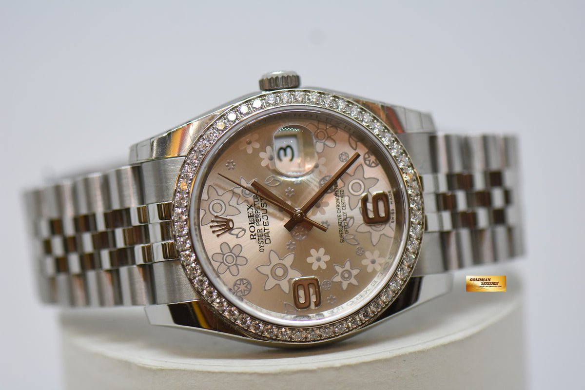 ROLEX OYSTER PERPETUAL DATEJUST 36mm STEEL IN JUBILEE BRACELET ORIGINAL FACTORY DIAMOND BEZEL & FORAL DIAL 116244 (NEW-UNWORN)