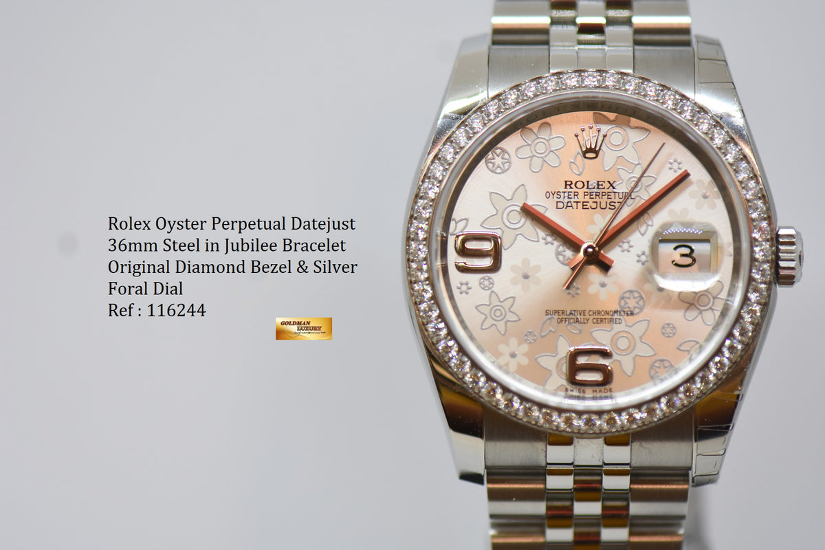ROLEX OYSTER PERPETUAL DATEJUST 36mm STEEL IN JUBILEE BRACELET ORIGINAL FACTORY DIAMOND BEZEL & FORAL DIAL 116244 (NEW-UNWORN)