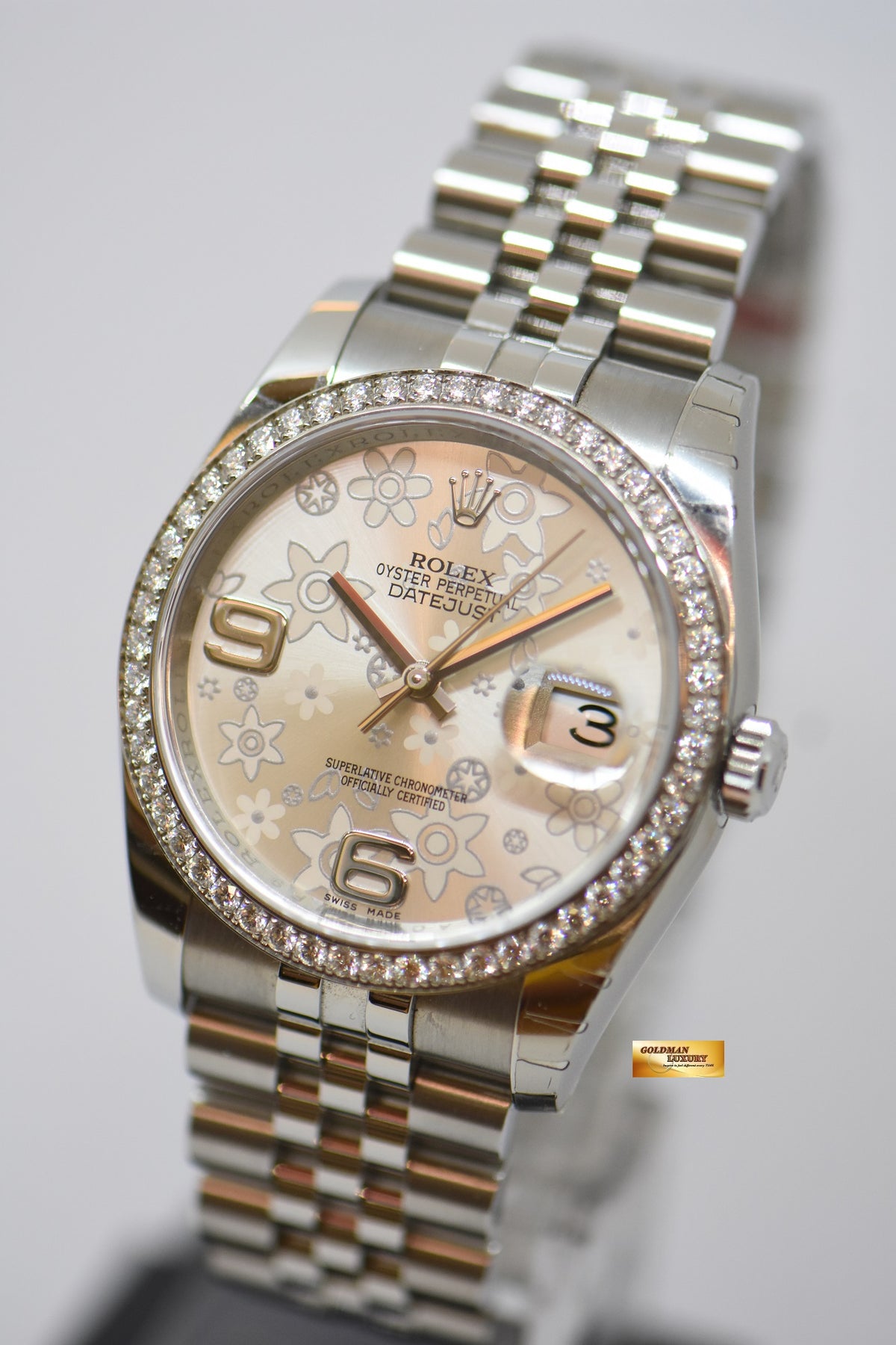 ROLEX OYSTER PERPETUAL DATEJUST 36mm STEEL IN JUBILEE BRACELET ORIGINAL FACTORY DIAMOND BEZEL & FORAL DIAL 116244 (NEW-UNWORN)