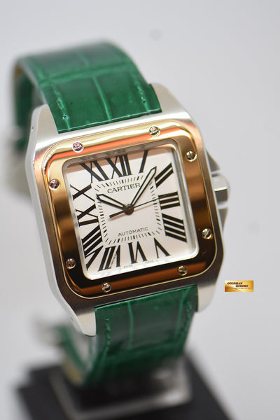 SOLD CARTIER SANTOS 100 XL GOLD STEEL IN LEATHER STRAP