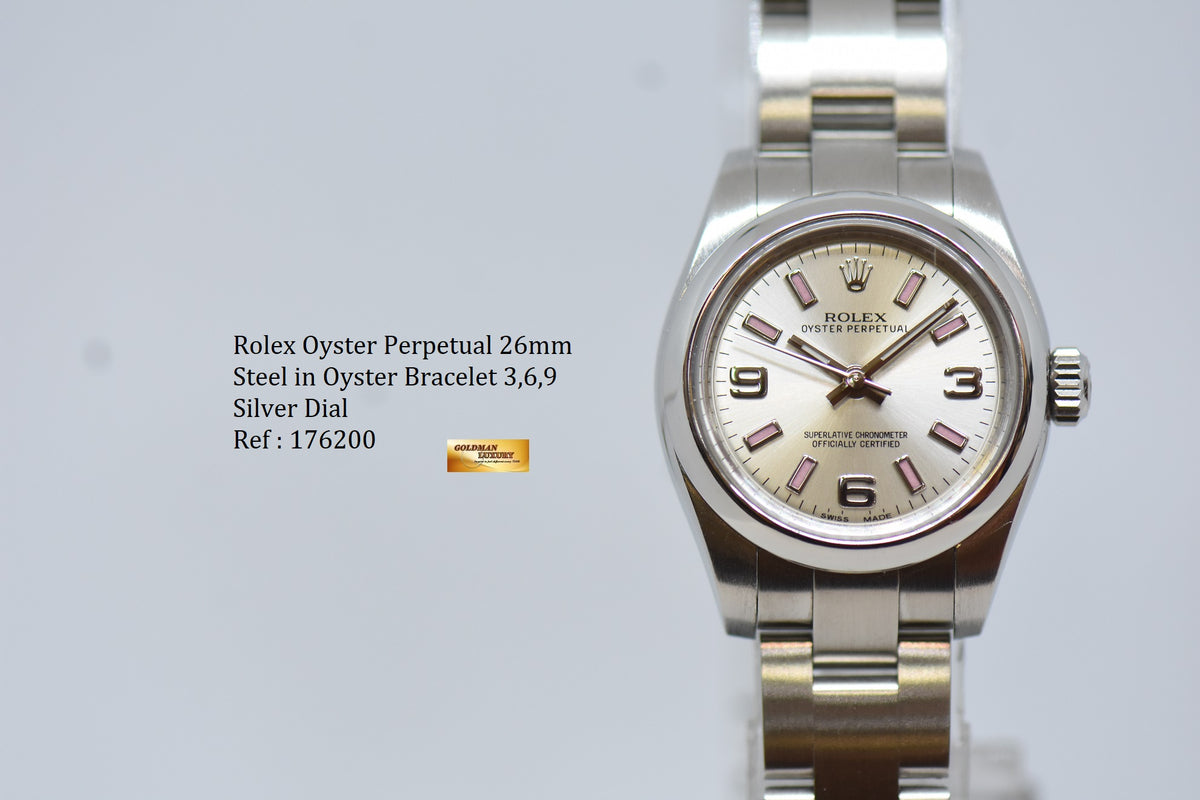 ROLEX OYSTER PERPETUAL 26mm STEEL IN OYSTER BRACELET SILVER 3,6,9 DIAL 176200 (NEAR MINT)