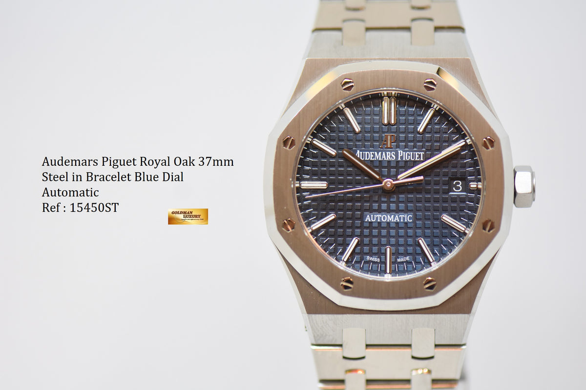 AUDEMARS PIGUET ROYAL OAK 37mm STEEL IN BRACELET BLUE DIAL AUTOMATIC 15450ST (MINT)