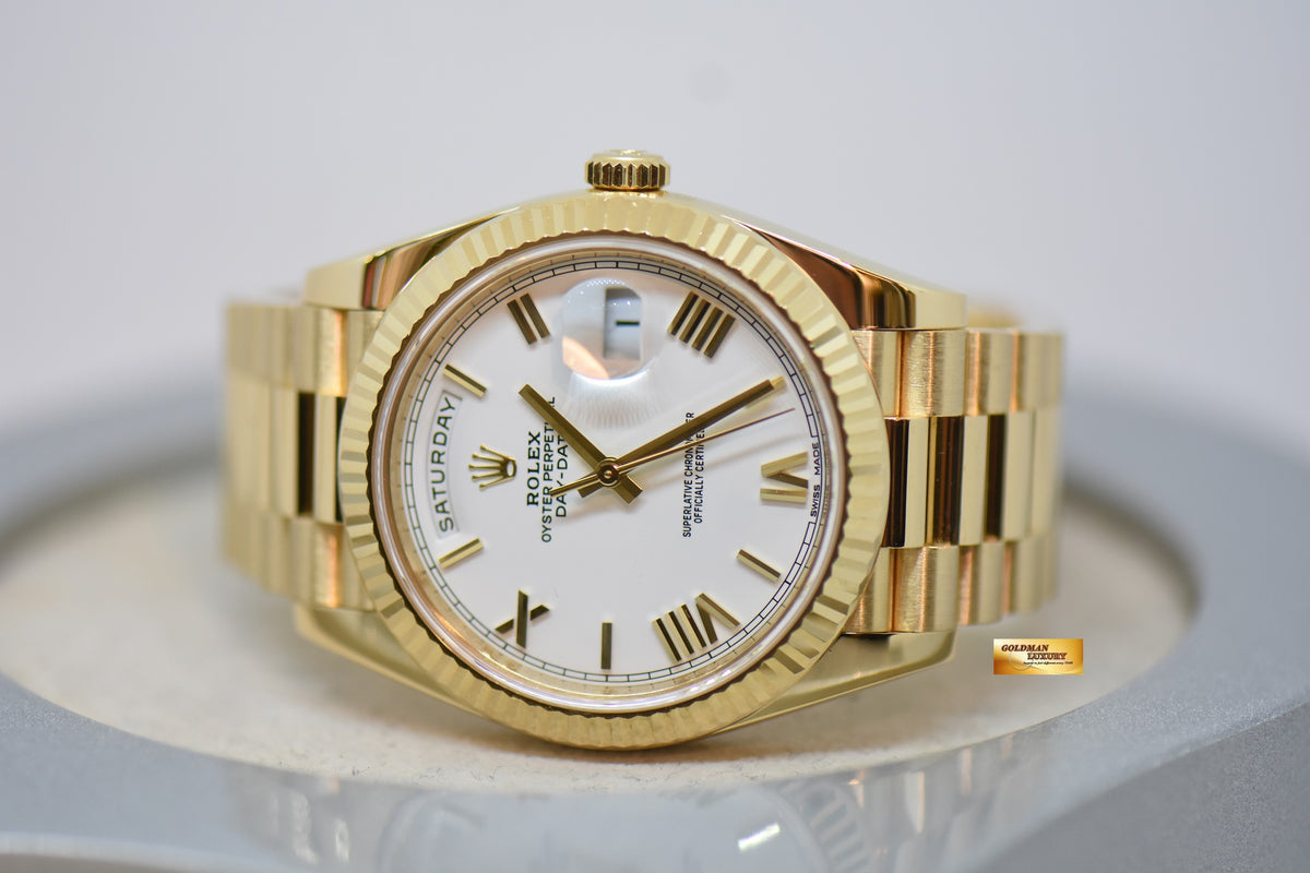 ROLEX OYSTER PERPETUAL DAY-DATE 40 YELLOW GOLD IN PRESIDENT BRACELET WHITE ROMAN DIAL 228238 (UNPOLISHED) (MINT)