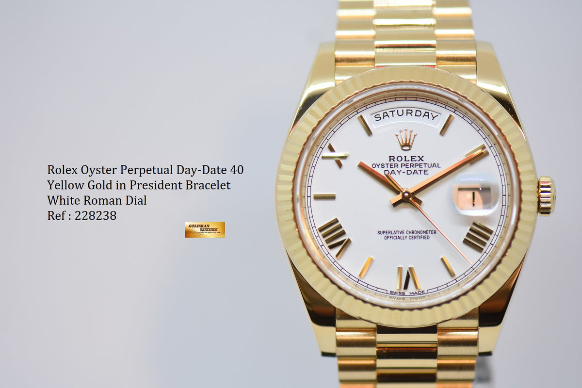 ROLEX OYSTER PERPETUAL DAY-DATE 40 YELLOW GOLD IN PRESIDENT BRACELET WHITE ROMAN DIAL 228238 (UNPOLISHED) (MINT)
