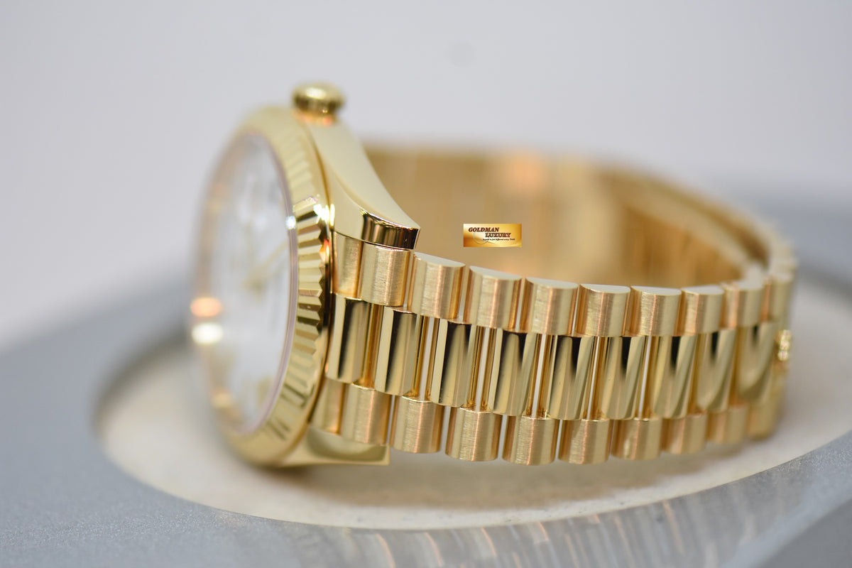 ROLEX OYSTER PERPETUAL DAY-DATE 40 YELLOW GOLD IN PRESIDENT BRACELET WHITE ROMAN DIAL 228238 (UNPOLISHED) (MINT)
