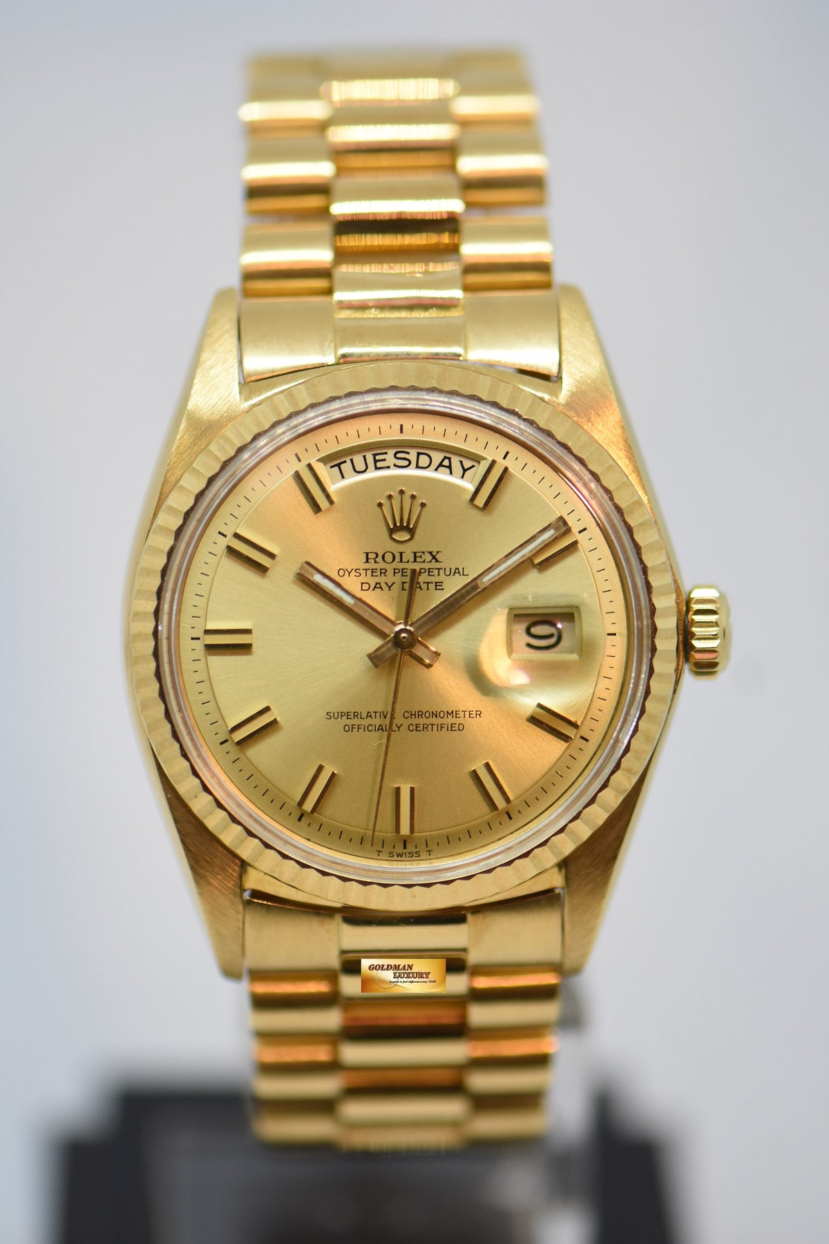 ROLEX OYSTER PERPETUAL DAY-DATE 36mm YELLOW GOLD IN PRESIDENT BRACELET “WIDE-BOY” DIAL (NON-QUICK-SET DATE) 1803 (VINTAGE)