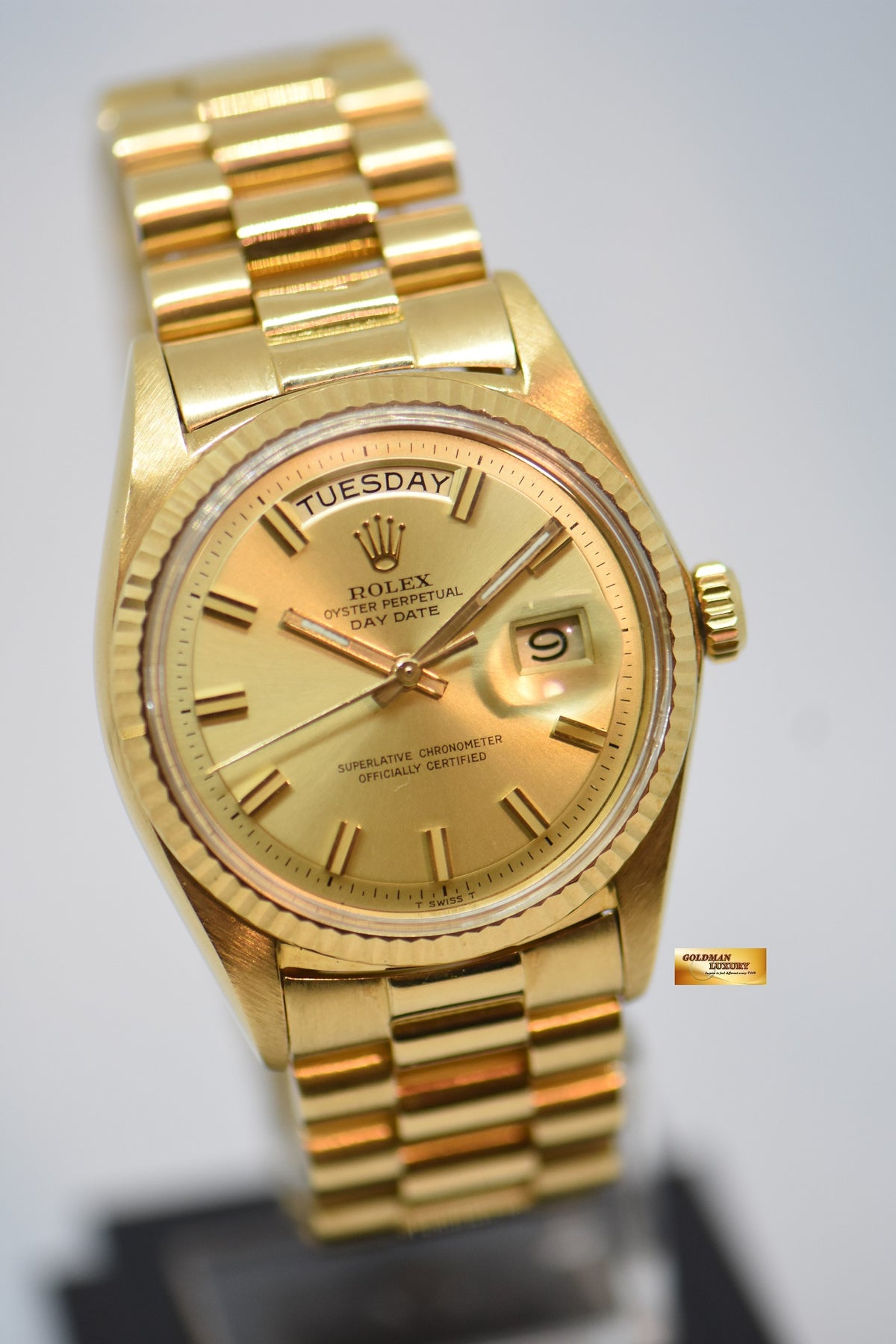 ROLEX OYSTER PERPETUAL DAY-DATE 36mm YELLOW GOLD IN PRESIDENT BRACELET “WIDE-BOY” DIAL (NON-QUICK-SET DATE) 1803 (VINTAGE)