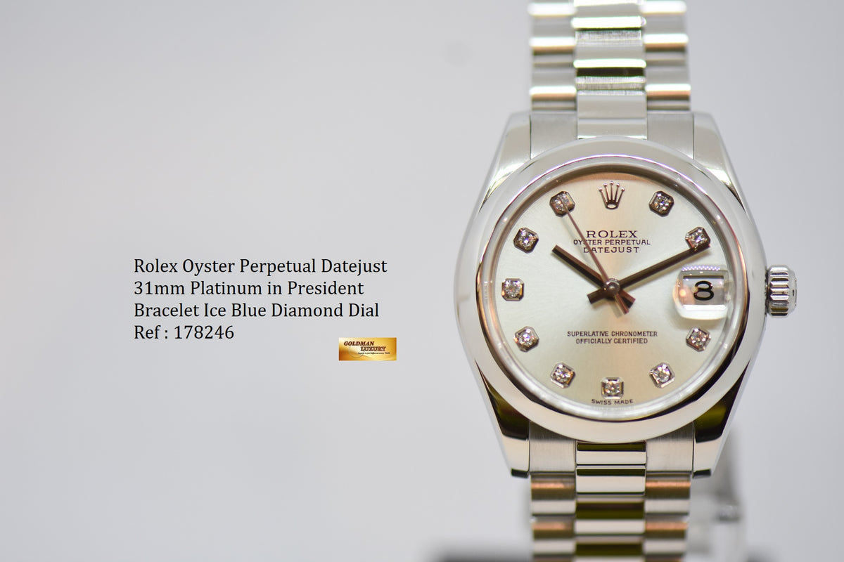 ROLEX OYSTER PERPETUAL DATEJUST 31mm PLATINUM IN PRESIDENT BRACELET ICE-BLUE DIAMOND DIAL 178246 (LNIB)
