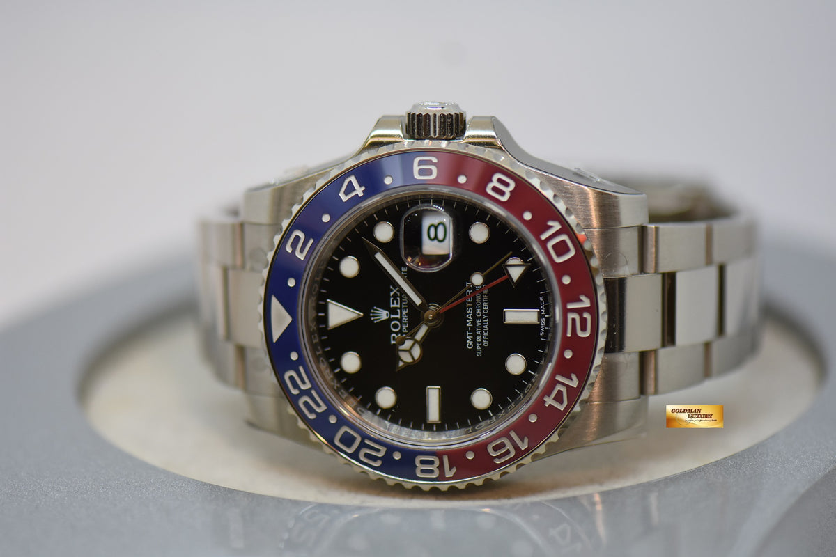 ROLEX OYSTER GMT-MASTER II “PEPSI” 40mm FIRST GMT IN WHITE GOLD IN OYSTER BRACELET BLACK DIAL RED / BLUE CERAMIC BEZEL 116719BLRO (NOS)