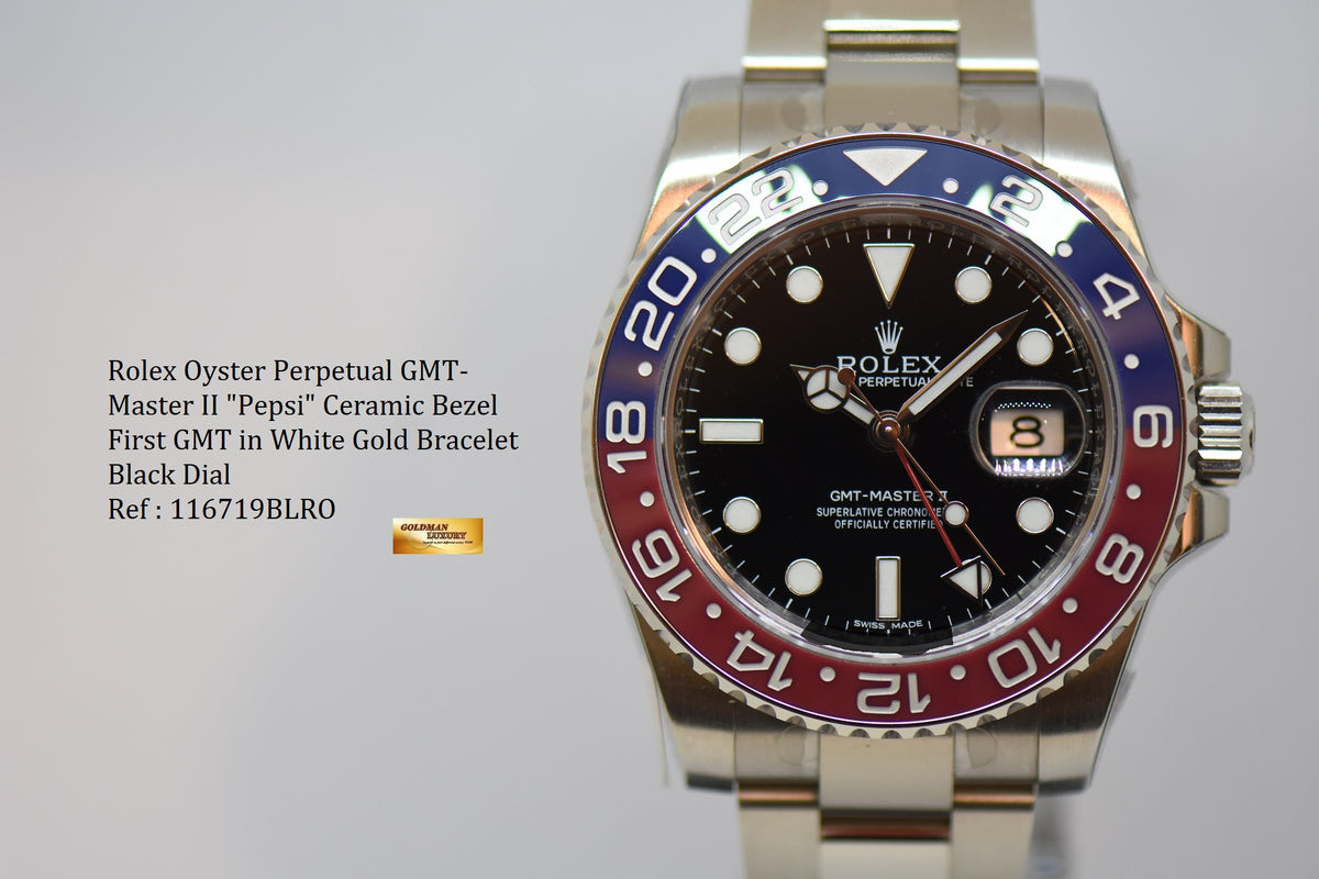 ROLEX OYSTER GMT-MASTER II “PEPSI” 40mm FIRST GMT IN WHITE GOLD IN OYSTER BRACELET BLACK DIAL RED / BLUE CERAMIC BEZEL 116719BLRO (NOS)