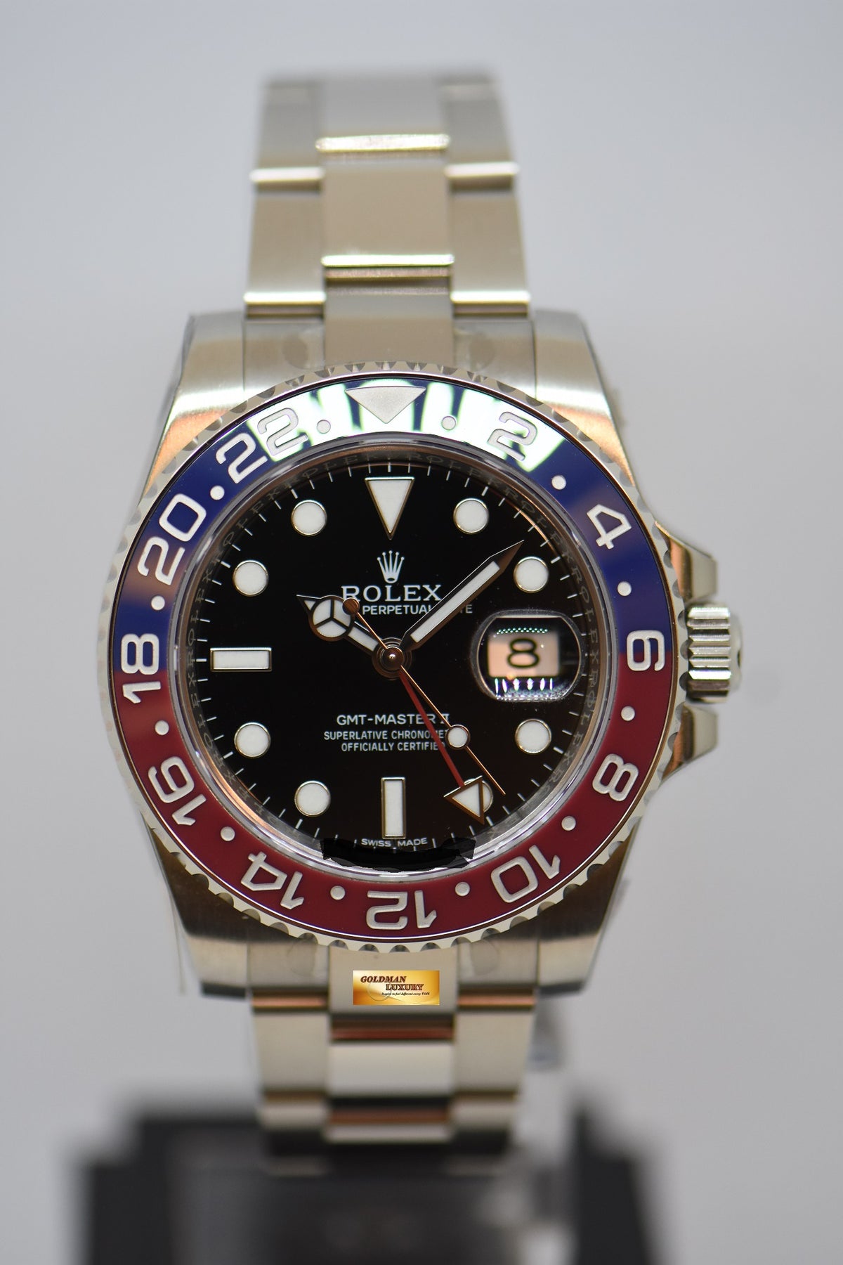 ROLEX OYSTER GMT-MASTER II “PEPSI” 40mm FIRST GMT IN WHITE GOLD IN OYSTER BRACELET BLACK DIAL RED / BLUE CERAMIC BEZEL 116719BLRO (NOS)