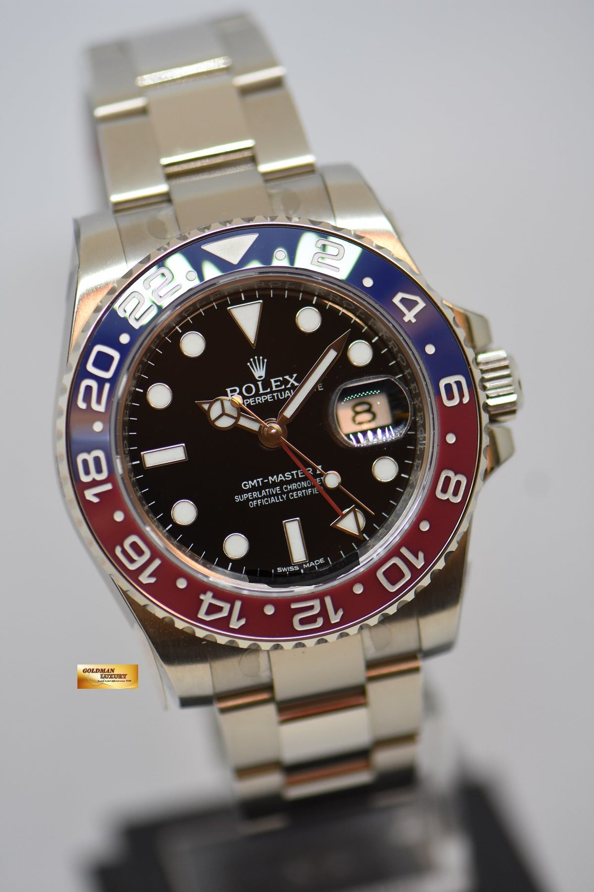 ROLEX OYSTER GMT-MASTER II “PEPSI” 40mm FIRST GMT IN WHITE GOLD IN OYSTER BRACELET BLACK DIAL RED / BLUE CERAMIC BEZEL 116719BLRO (NOS)