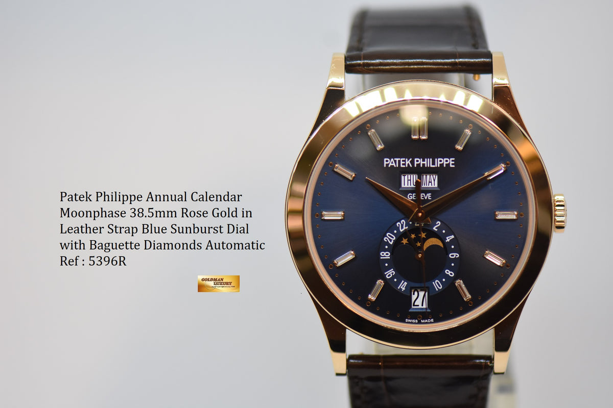 PATEK PHILIPPE ANNUAL CALENDAR 38.5mm ROSE GOLD IN LEATHER STRAP BLUE SUNBURST DIAL w/BAGUETTE DIAMONDS MARKERS 5396R AUTOMATIC (LNIB)