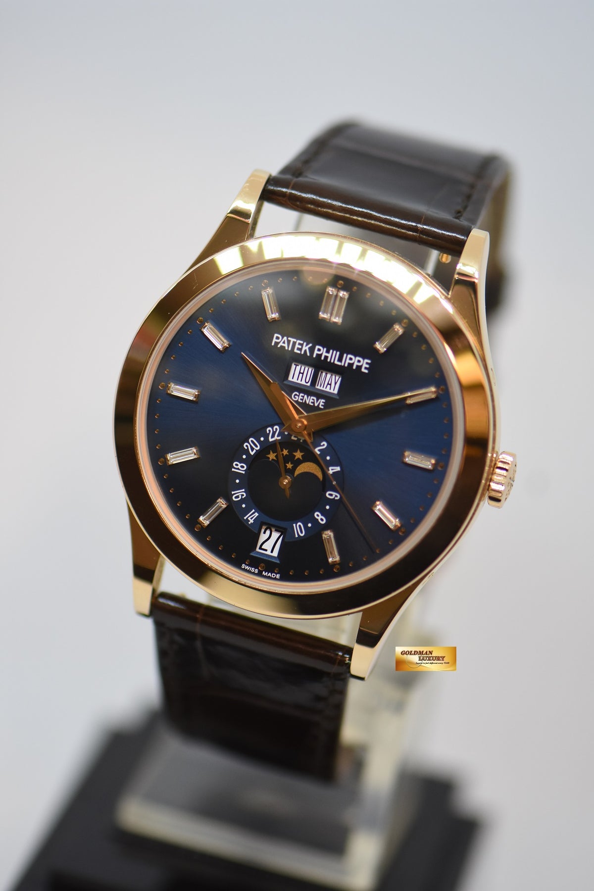 PATEK PHILIPPE ANNUAL CALENDAR 38.5mm ROSE GOLD IN LEATHER STRAP BLUE SUNBURST DIAL w/BAGUETTE DIAMONDS MARKERS 5396R AUTOMATIC (LNIB)
