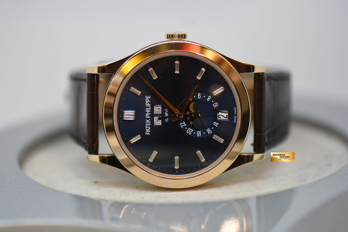 PATEK PHILIPPE ANNUAL CALENDAR 38.5mm ROSE GOLD IN LEATHER STRAP BLUE SUNBURST DIAL w/BAGUETTE DIAMONDS MARKERS 5396R AUTOMATIC (LNIB)