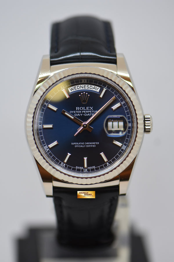ROLEX OYSTER PERPETUAL DAY-DATE 36mm 18K WHITE GOLD IN LEATHER STRAP BLUE SUNBURST DIAL 118139 (MINT)